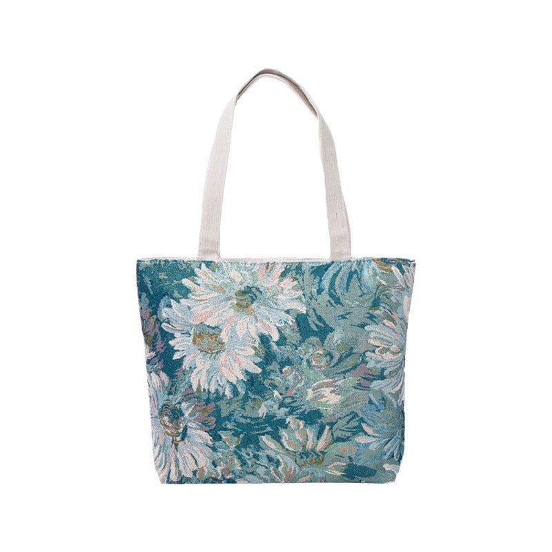 Large Capacity Embroidered Vintage Tote Bag - Sunflower Floral Monet-Garden Design