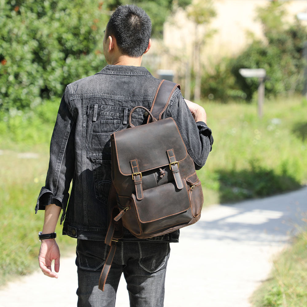 Crazy Horse Leather Backpack Men's Handmade Classic